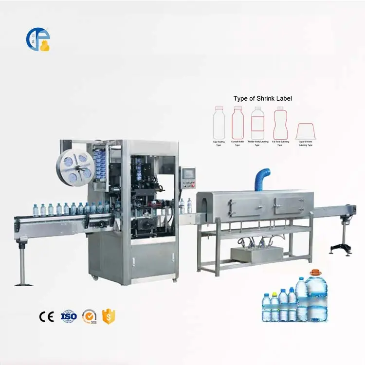Botol kaleng kaca bulat persegi otomatis mesin Label lengan pengecil PVC air dalam lini produksi air