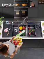 Évier de cuisine intelligent multifonctionnel, évier de cuisine à double cuvette de conception de cascade 304, équipé d'un lave-tasse et d'un panneau de température