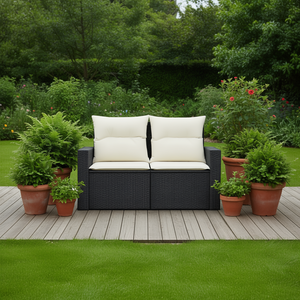 Canapé de jardin deux places, mobilier d'extérieur en rotin avec coussins crème, design contemporain imperméable - Product Image 2