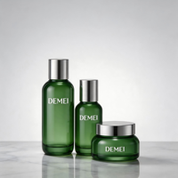 Ensemble d'emballages cosmétiques en verre vert personnalisés OEM avec bouchon en caoutchouc et sérigraphie, capacités 100ml/200ml/50g/100g pour toner, sérum et crème