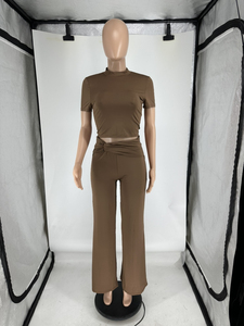 Viviblook Z422ST01 Summer Short Sleeved <b>Crop</b> <b>Top</b> High Waist Wide Leg Pants 2 Pcs Yoga Sets Sportswear Gym Clothing Outfits - Product Image 3