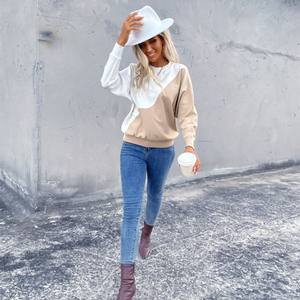 Suéter de punto de manga larga con cuello redondo para mujer, gran oferta de estación independiente, suéter de retazos inclinado para mujer - Product Image 2