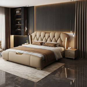 European Modern Luxury Pine Wood Lighted Soft Upholstered Headboard Bed with Storage <strong>Drawers</strong> and Hydraulic Lift-up Frame Queen - Product Image 1