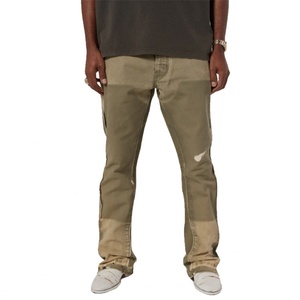 Custom Trousers 100% Cotton Vintage Slim Fit Wide Leg Distressed Double Knee Green <b>Carpenters</b> Denim Flare Jeans for <b>Men</b> - Product Image 2