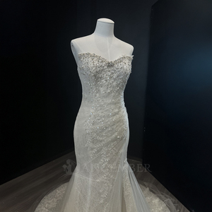 Nt156 Luxury Ivory Mermaid Bridal Dress Strapless Corset Beaded Lace Applique Wedding Gown Front Slit Jancember - Product Image 4