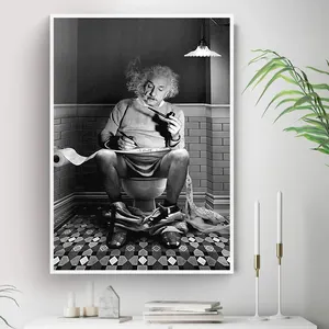 Einstein Sitting On Toilet Reading Poster Black White Photography Painting Wall Pictures Pop Art Canvas Paintings Home Decor