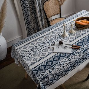 Customized Dustproof Floral Pattern Nordic Style Cotton Linen Tablecloth Printed Blue White Porcelain Vintage For - Product Image 4