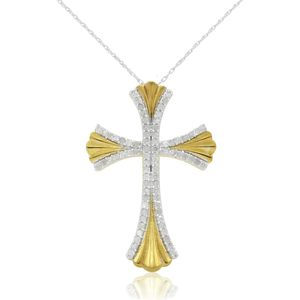 Collier pendentif croix en diamant 1,07 carats de poids total, taille ronde, plaqué or jaune sur argent sterling, serti à griffes, bijoux religieux - Product Image 1