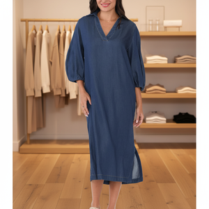 فساتين صيفية مريحة سادة مصبوغة 100% قطن بطول الركبة للنساء، مريحة وعملية للاستخدام اليومي - Product Image 1