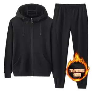 Groothandel Klaar Om Mannen Plain Sweater Full Zip Up Hoodie 100% Katoen Sweatshirt En Joggingbroek Set