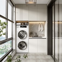 Meuble de buanderie au design moderne avec évier et machine à laver, idéal pour la buanderie de balcon.