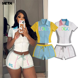 Conjunto de Dos Piezas de Moda para Mujer 2026: Chaqueta con Cierre y Bloques de Color y Pantalones Cortos a Juego, con Logotipo Personalizado en Pedrería, OEM ODM - Product Image 1