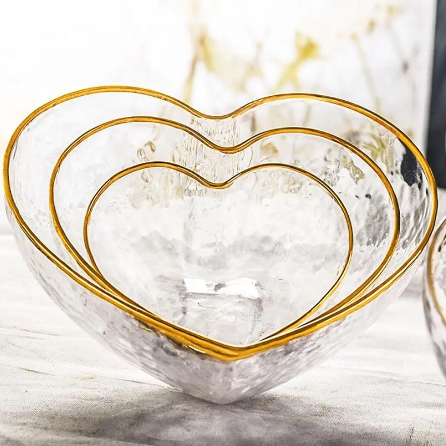 Factory Hand Made High End Gift Order Fancy Heart Shape Decorative Salad Dish Glass Dessert Bowl Clear Kitchen Custom