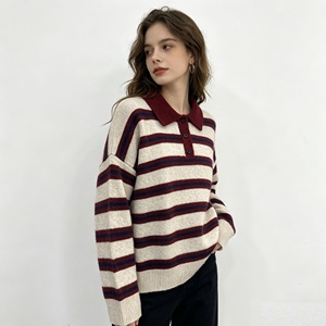Women's Striped Polo Neck Sweater Wool Blend Casual Knit Pullover, Vintage <strong>Red</strong> Beige <strong>Jumper</strong>, Long Sleeve Loose Top for Winter - Product Image 5