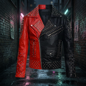 Veste en cuir PU pour homme, rouge et noir, style vintage, col rabattu, fermeture éclair, coupe ajustée, hiver - Product Image 3