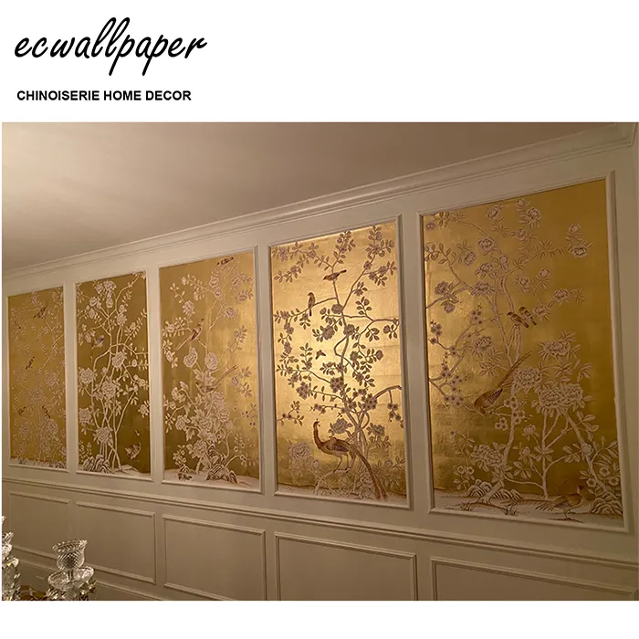 Super Qualität Chinoiserie Wandbild Hand bemalte Tapete auf Gold Metallic für Wohnkultur