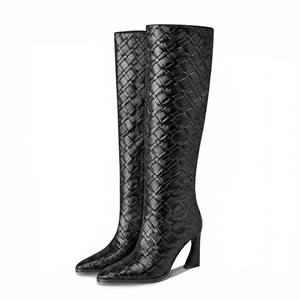 Chic femmes tissé Texture PU genou <span class=keywords><strong>bottes</strong></span> hautes bout pointu sculptural bloc talon grandes tailles dames chaussures d'hiver - Product Image 4