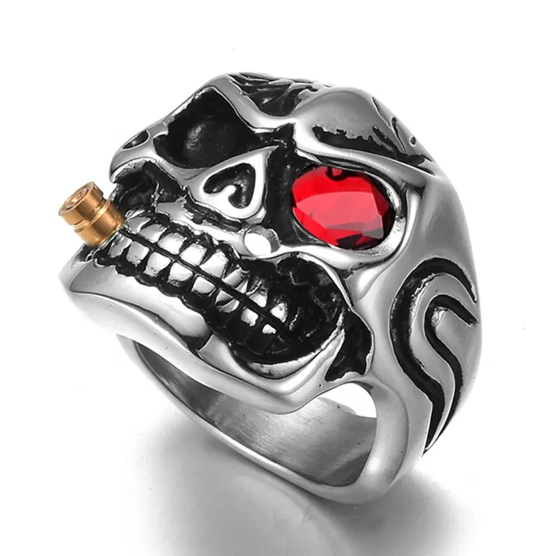 Fashion Gold Smoking Pipe Biker Men's Rings Rock Punk Skull Ring Clear Red Zircon Eye Plating Rings Jewelry For Men