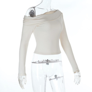 Blouses et hauts à manches longues sexy à épaules inclinées pour femmes Blouses blanches solides et ajustées pour femmes - Product Image 5