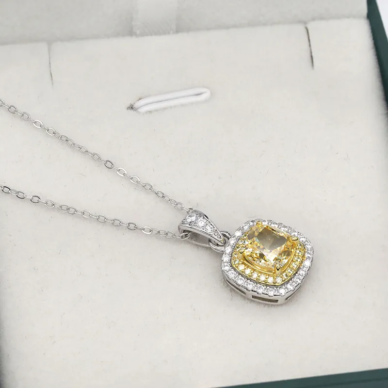 Квадратная огранка 925 серебряные ювелирные изделия камень кулон ожерелье Женщины Желтый кубический цирконий кулон ожерелье