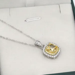 Potongan persegi 925 perhiasan perak batu liontin kalung wanita kuning kubik Zirconia liontin kalung