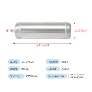 Premium 3L Aluminium Lufttank für industrielle Kompressor teile 360mm x 104mm G1/8 Anschluss 145 PSI Al5052 für Luftfederung Airbrush - Product Image 2