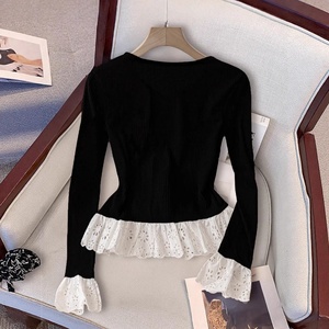 Maglione da Donna in Stile Francese Retrò, Casual Autunnale, Bicolore Nero e Bianco, con <span class=keywords><strong>Pizzo</strong></span> e Volant, Antirughe, Vestibilità Slim - Product Image 2