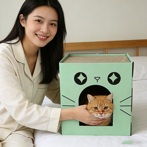 Cuccia per Gatti a 2 Livelli in Cartone Ondulato con Stelle Intagliate, Trasparente e Traspirante, Personalizzabile, Disponibile in Vari Colori - Product Image 1