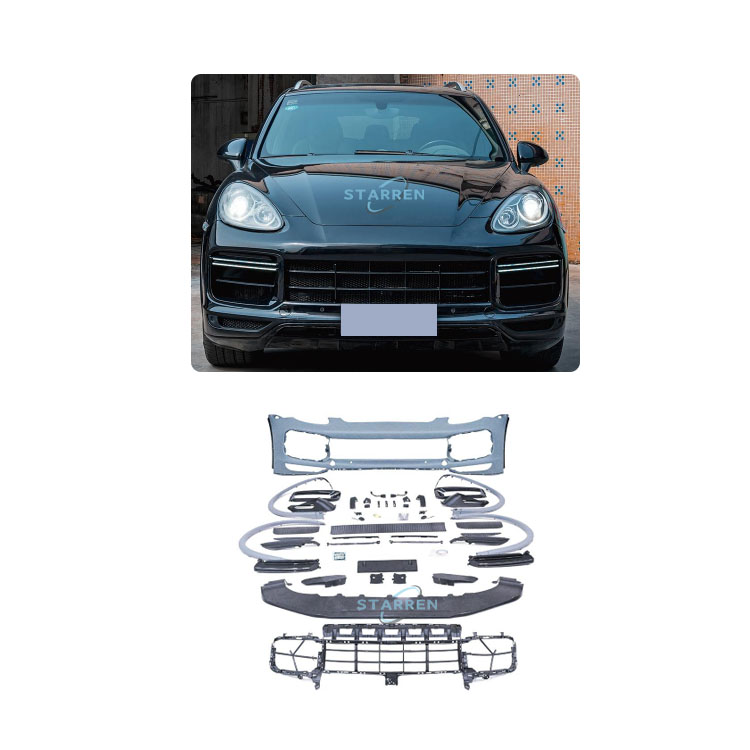 Комплект для Porsche Cayenne 958,1 2011-2014, модернизация до 9y0 Turbo, включает передний бампер с решеткой, светодиодные дневные ходовые огни