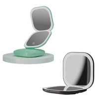 Miroir de Maquillage LED Double Face avec Éclairage, Forme Miroir, USB, Grossissement, Pliable, Interrupteur à Bouton, en Verre, Finition Argentée