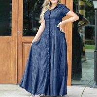 Gaun Denim Wanita Kerah Lapel Kancing Satu Baris Lengan Pendek Maxi A-line Kasual Lembut Gaun Jeans Musim Panas