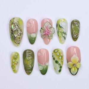 เล็บปลอมสไตล์เกาะทะเลแบบอัลมอนด์ งานแฮนด์เมด เล็บปลอมสั่งทำพิเศษพร้อมดอกไม้ 3 มิติ เล็บปลอมแบบกดติดสำหรับฤดูใบไม้ผลิ ขายส่ง - Product Image 1