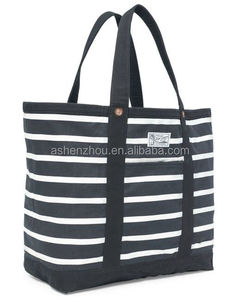 Sacs en toile de coton personnalisés, sac de plage promotionnel en coton, sac fourre-tout rayé noir et blanc pour femmes - Product Image 4