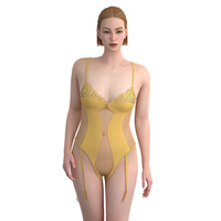 Ensemble de lingerie sexy transparente style mature 2024, body brodé à la machine en Spandex/Nylon fin, bas et porte-jarretelles personnalisables