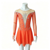 Robe de patinage artistique orange pour enfants et adultes, manches longues en maille, strass, jupe asymétrique en mousseline, pour compétition et spectacle de patinage sur glace