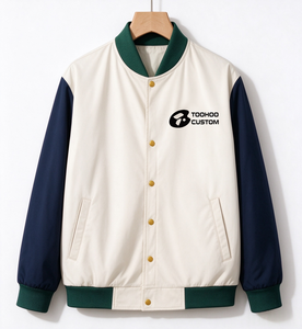 Chaqueta Varsity para Hombre, Color Crema, Cuello Verde Marino, Cierre de Botones, Estilo Casual para Otoño - Product Image 1
