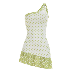 Viviblook J26DS154 Women Summer Sleeveless Dress Sexy Polka Dot <b>Print</b> Single Shoulder Lace Up Asymmetrical <b>Mini</b> Bodycon Dresses - Product Image 6