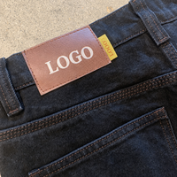Jean droit homme délavé foncé, coupe slim en denim de coton épais indigo foncé, avec patch en cuir, logo personnalisé, vente en gros OEM