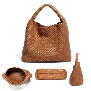 Woven Tote Bag With Purse For Women Vegan Leather Hand Woven Shoulder Top-handle Bags