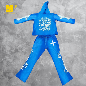 오버사이즈 프린트 애시드 워시 스웨트 수트 양털 운동복 세트 남성용 빈티지 플레어 스웨트 팬츠와 후드 세트 - Product Image 2