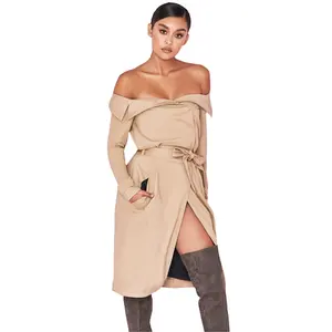 Custom Made Brown Thin Camel Off Shoulder Women Trench Coat