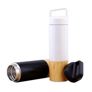 Bamboo Base Insulated Water <b>Bottle</b>, Stainless Steel Vacuum <b>Flask</b> with Handle Lid - Product Image 3