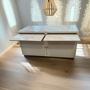 Moderno Mueble Blanco con Base de Metal Dorado, Marco de Madera y Cubierta de Piedra Sinterizada, Elegante KIKA K70 #   Mesa de Centro con Almacenamiento, Muebles para el Hogar - Product Image 3