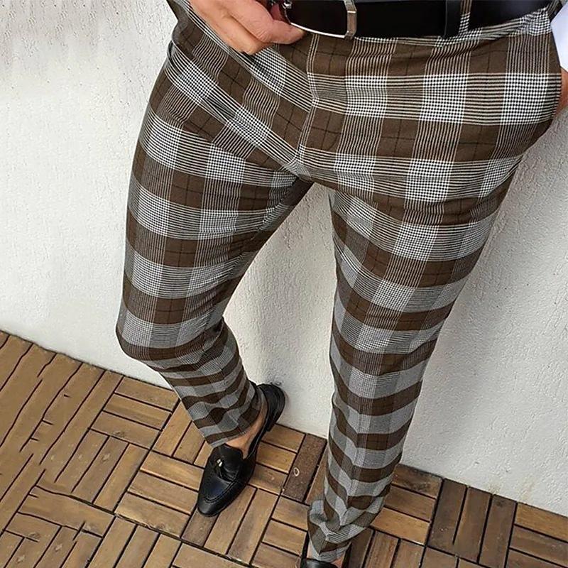European Men's Multi-color Casual Check Pants Plaid Stylish Slim