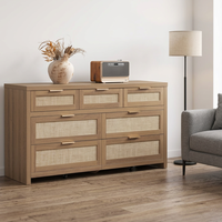 Commode 7 tiroirs en bois massif style bohème de 57 po de large pour chambre, chambre d'enfant, salon - Meuble TV, commode de rangement