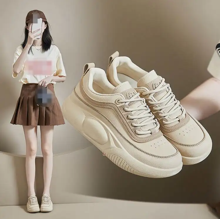 Cy60187a sepatu datar wanita, sneaker sol tebal putih untuk jalan