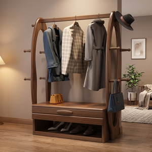 Porte-manteau moderne en bois avec étagères et crochets, meuble de rangement autoportant pour entrée, design mi-siècle pour salon - Product Image 2