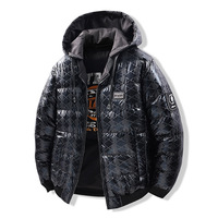 Veste d'hiver pour homme en polyester brillant, style sportif, épaisse, chaude, ample, réversible, avec capuche amovible, fermeture éclair, enduite