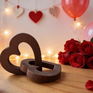 Hebilla de madera con forma de corazón, cadena de madera maciza con doble corazón, decoración para el Día de San Valentín, tamaño mediano, color marrón rojizo - Product Image 1