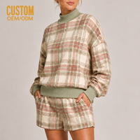 Ensemble 2 pièces en coton de haute qualité pour femme : Sweat-shirt oversize à col montant côtelé imprimé à carreaux vintage et short décontracté en molleton assorti